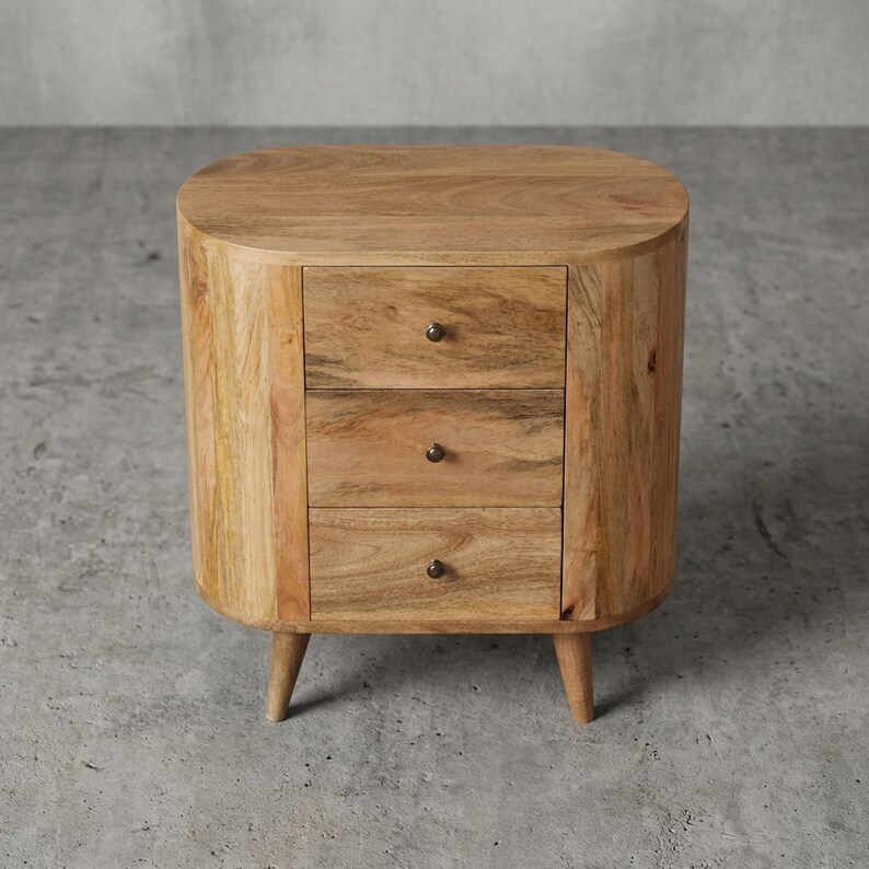 Mini Chestnut Bedside Table – Solid Mango Wood Nightstand with 3 Drawers, Rounded Design zdjęcie 12