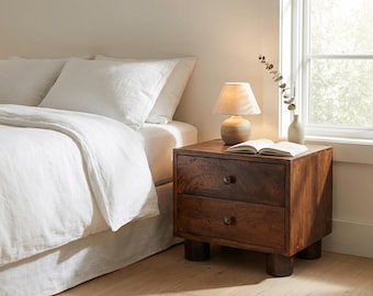 California Walnut Nightstand Solid Mango Wood Two Drawers Cylindrical Feet Bedside