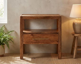 Solid Mango Wood Bedside Table With Drawer Shelf Bedroom Storage