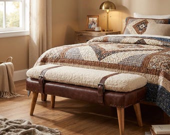 Boucle Buffalo Leather Bench Chestnut Wood Legs Belted Strap Handmade Upholstered Seat