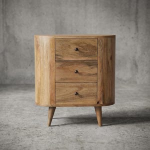 Mini Chestnut Bedside Table – Solid Mango Wood Nightstand with 3 Drawers, Rounded Design zdjęcie 13