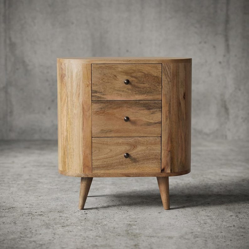 Mini Chestnut Bedside Table – Solid Mango Wood Nightstand with 3 Drawers, Rounded Design zdjęcie 13