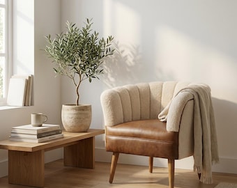 Cream Boucle Buffalo Hide Mango Wood Nordic Handmade Upholstered Tub Armchair