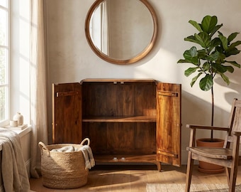 Solid Mango Storage Cabinet Chestnut Finish Double Door Bedroom Furniture