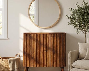 Solid Mango Wood Cabinet Chestnut Finish Ridged Doors Brass Knobs Storage