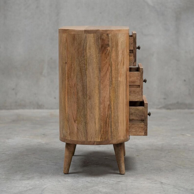 Mini Chestnut Bedside Table – Solid Mango Wood Nightstand with 3 Drawers, Rounded Design zdjęcie 14