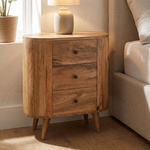 Mini Chestnut Bedside Table – Solid Mango Wood Nightstand with 3 Drawers, Rounded Design Oak Finishion