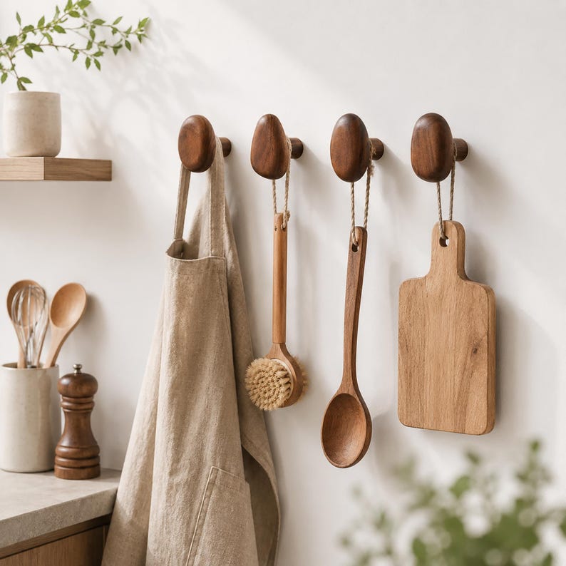 May include: Wooden kitchen accessories hanging on a white wall. Includes a beige apron, a wooden brush, a wooden spoon, and a small cutting board. The items are suspended from dark brown wooden wall hooks. A neutral-toned kitchen setting.