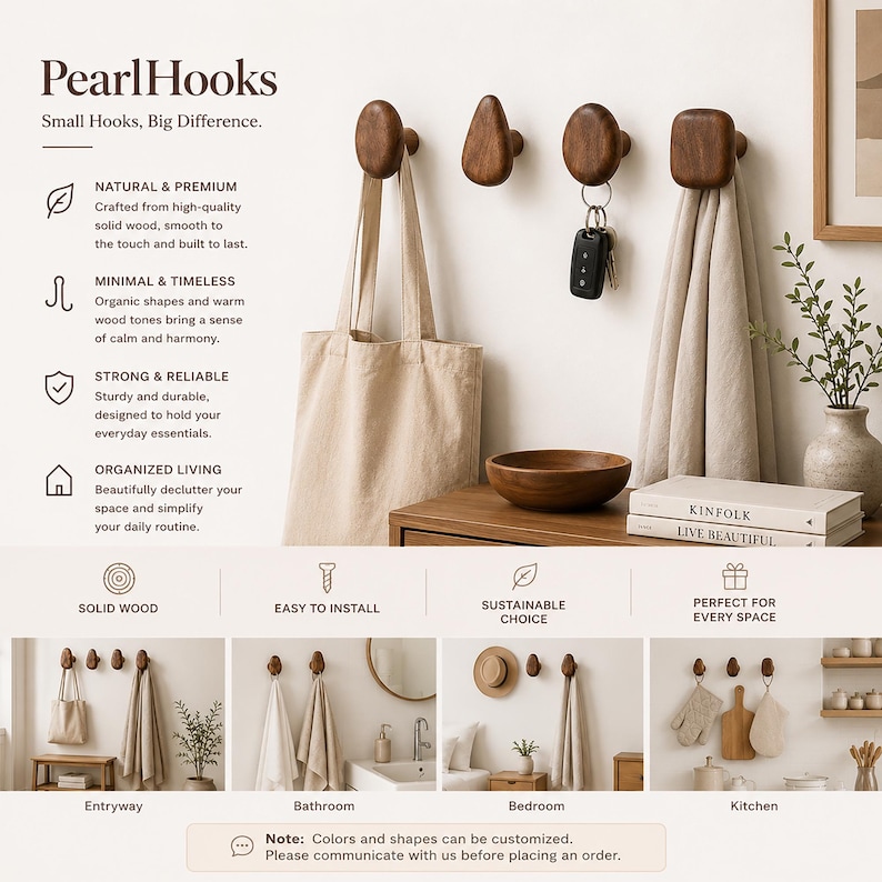 May include: Wooden wall hooks in various shapes and sizes, holding a tote bag, keys, and a towel. The hooks are displayed on a white wall with the text "Pearl Hooks" and "Small Hooks, Big Difference."