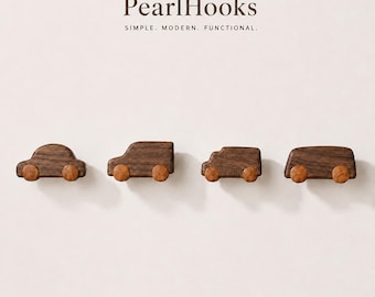 Walnut Car Wall Hooks Set of 4, Wooden Kids Room Hooks, Scandinavian Nursery Decor, Playroom Wall Organizer, Wooden Coat Hooks