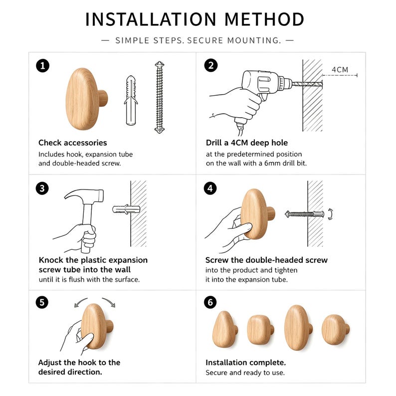 May include: An installation guide for a wooden wall hook, featuring six numbered steps. The diagram illustrates using a drill to create a 4cm deep hole, inserting a plastic expansion tube, and securing the light-colored wooden hook with a double-headed screw.