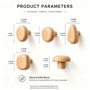 May include: Five light-colored wooden wall hooks in various shapes including oval, round, and irregular forms. Text includes PRODUCT PARAMETERS, NATURAL. SIMPLE. FUNCTIONAL., Natural Solid Wood, and dimensions ranging from 1.5 to 6.4 cm or 0.59 to 2.52 inches.