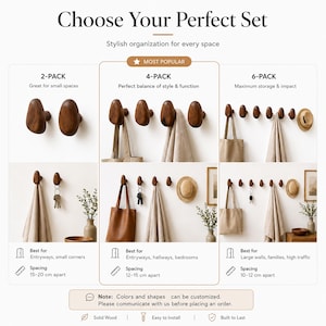 May include: Wooden wall hooks in 2, 4, and 6-pack sets, ideal for entryways, hallways, and bedrooms. The image shows the hooks holding towels, bags, and hats. The text reads "Choose Your Perfect Set" and "Stylish organization for every space."