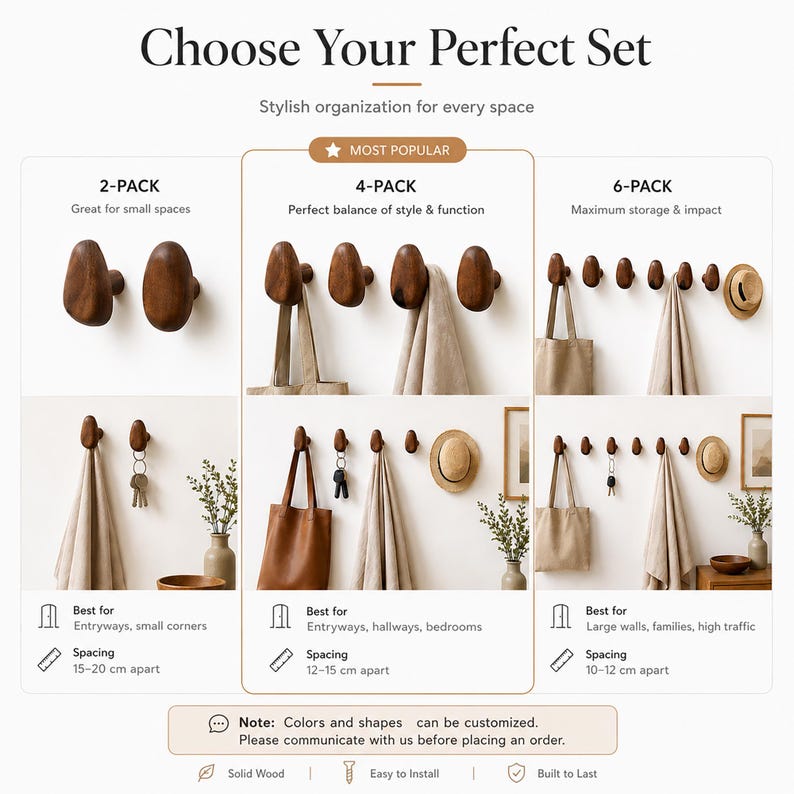 May include: Wooden wall hooks in 2, 4, and 6-pack sets, ideal for entryways, hallways, and bedrooms. The image shows the hooks holding towels, bags, and hats. The text reads "Choose Your Perfect Set" and "Stylish organization for every space."