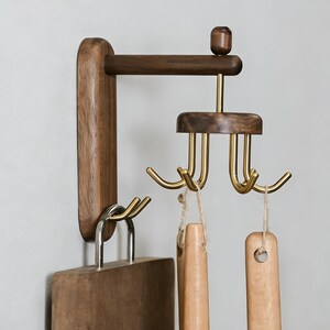 No Drill Black Walnut Wall Hook, Brass Adhesive Coat Peg, Rental Friendly Entryway Organizer