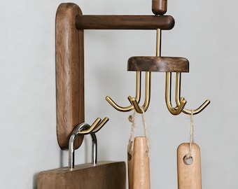 No Drill Black Walnut Wall Hook, Brass Adhesive Coat Peg, Rental Friendly Entryway Organizer