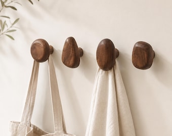 Solid Walnut Wall Hook Set, Organic Wooden Coat Hooks, Scandinavian Entryway Decor|  Wooden Hooks for Entryway, Bedroom and Bathroom
