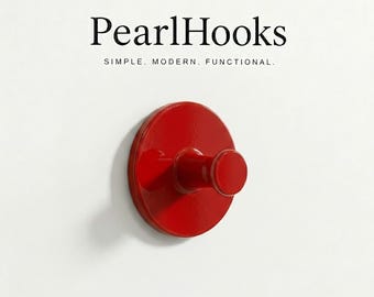 Red Wall Hook Set | Minimalist No Drill Hook | Scandinavian Modern Hook | Pearl Hooks Round Wall Organizer | Bathroom Entryway Towel Hook