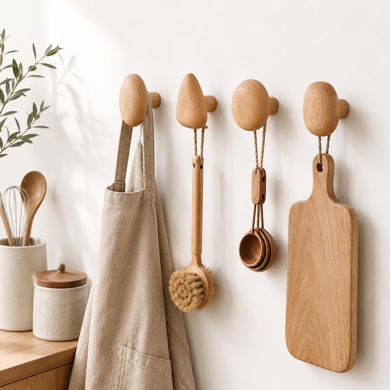 May include: Four light-colored wooden wall hooks mounted in a row. From left to right, the hooks hold a beige linen apron, a round wooden dish brush with a rope loop, a set of three wooden measuring spoons, and a rectangular wooden cutting board.
