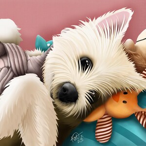 Playtime Is Over, opera d'arte originale di Kat Busby. Serie Westie. Biglietto d'auguri A6. Creato da una piccola attività artigianale nel Dorset. Personalizzato.