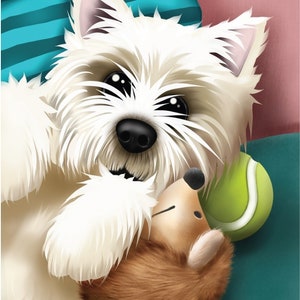 Où est la télécommande ? Carte de voeux A6. Terrier des Highlands de l'Ouest. Drôle. Westie étant un Westie. Artiste Kat Busby