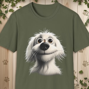 White Fluffy Dog Softstyle T-Shirt, Funny Animal Lover Tee, Playful Cartoon Graphic Top, Whimsical Pet Apparel, Cute Dog Nose Funny Insect