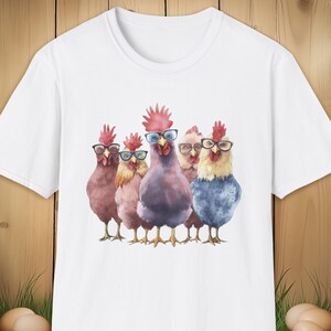 Chicken Glasses Unisex Softstyle T-Shirt, Funny Farm Animal Tee, Colorful Chickens Watercolor Art, Whimsical Bird Lover Shirt, Stylish