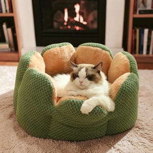 Puede incluir: Un gato descansa en una cama para mascotas verde y beige con forma de flor. La cama tiene un exterior texturizado y acolchado y un interior suave y afelpado. El gato es blanco con marcas marrones.