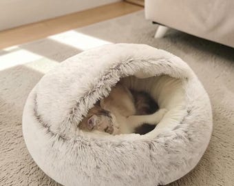 Cama para mascotas suave y afelpada con capucha, acogedora cama tipo cueva para gatos y perros pequeños, cálido nido para mascotas con forma de donut, cojín redondo relajante para mascotas, cuna para mascotas para dormir en interiores.