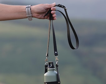 Handmade genuine leather water bottle carrier with crossbody strap