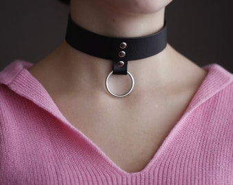 Handmade Black Leather O ring choker Collar Necklace / BDSM collar/ Pet play / Slave choker / Unisex