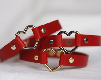 Red Leather choker heart ring choker Handmade unique choker Custom size available