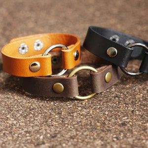 Handmade Leather O ring bracelet/ Unisex cuff style bracelet/ wristband/ 15mm width