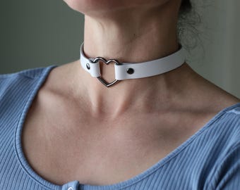 White Leather choker heart ring choker Handmade unique choker Custom size available