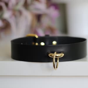 Handmade Black Leather O ring choker Collar Necklace / BDSM collar with chain leash / Pet play / Slave choker / Unisex image 3