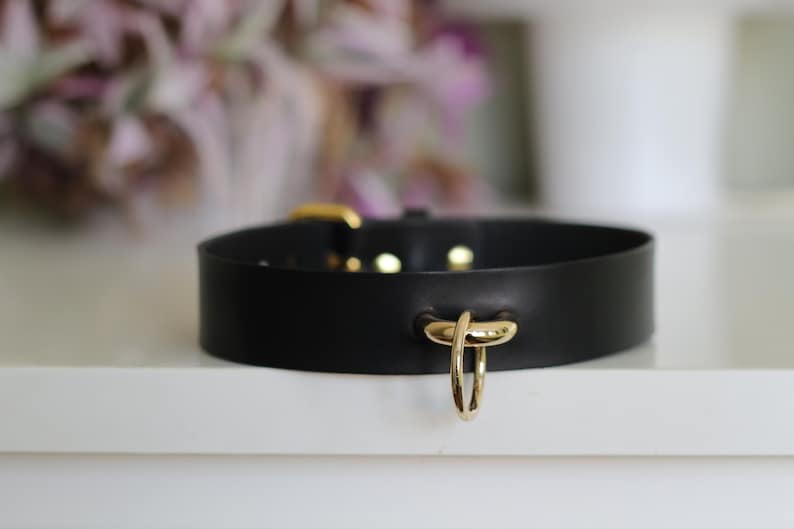 Handmade Black Leather O ring choker Collar Necklace / BDSM collar with chain leash / Pet play / Slave choker / Unisex image 3