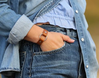 Handmade Leather O ring bracelet/ Unisex cuff style bracelet/ wristband/ 15mm width