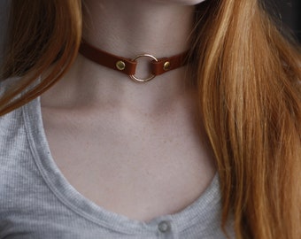 Tan Leather choker O ring choker Handmade unique choker with snap buttons