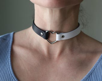 Black and White Leather choker heart ring choker Handmade unique choker Custom size available