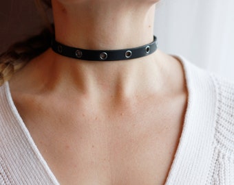 Handmade Black Leather choker with eyelets and matching colour snap buttons