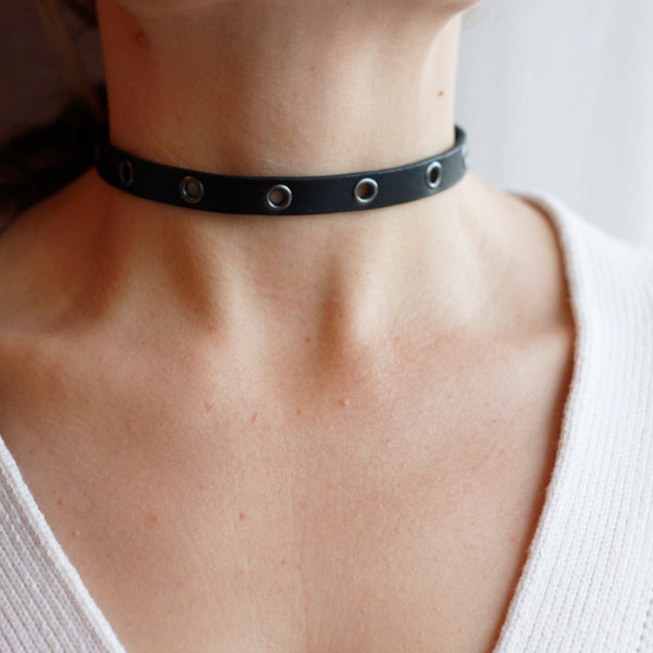 Handmade Black Leather choker with eyelets and matching colour snap buttons