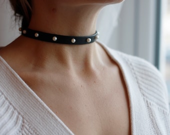 Handmade Black Leather choker with small white pearls