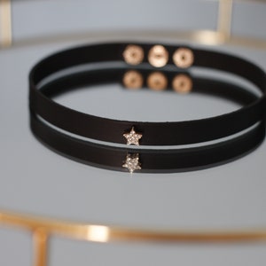 Handmade Black Leather choker with rhinestone star/ Handmade in Wales