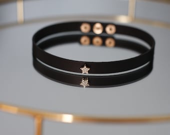 Handmade Black Leather choker with rhinestone star/ Handmade in Wales