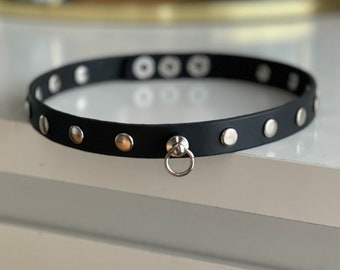 Handmade Black Leather choker with small ring and studs