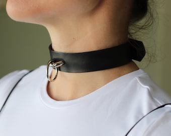 Handmade Black Leather O ring choker Collar Necklace / BDSM collar with chain leash / Pet play / Slave choker / Unisex