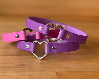 Pink or purple Leather choker heart ring choker Handmade unique choker Custom size available
