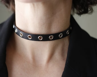 Handmade Black Leather choker with eyelets/ Wrap around bracelet