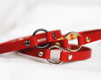 Red Leather choker O ring choker Handmade unique choker with snap buttons