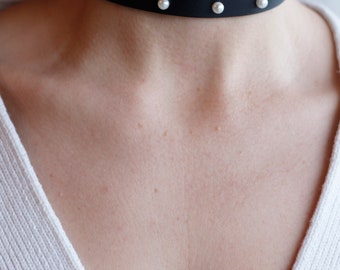 Handmade Black Leather choker with small white pearls